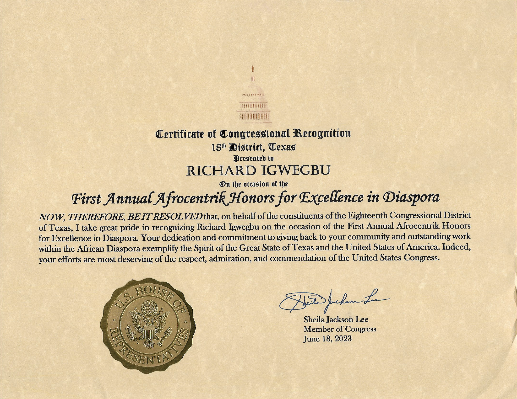 Congressional Recognition Award
